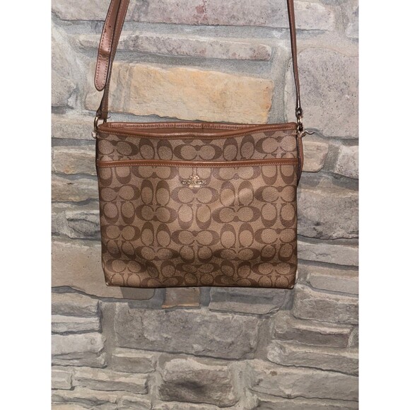 Handbags - Coach F58297 Signature Zip File Crossbody Bag Purse Brown